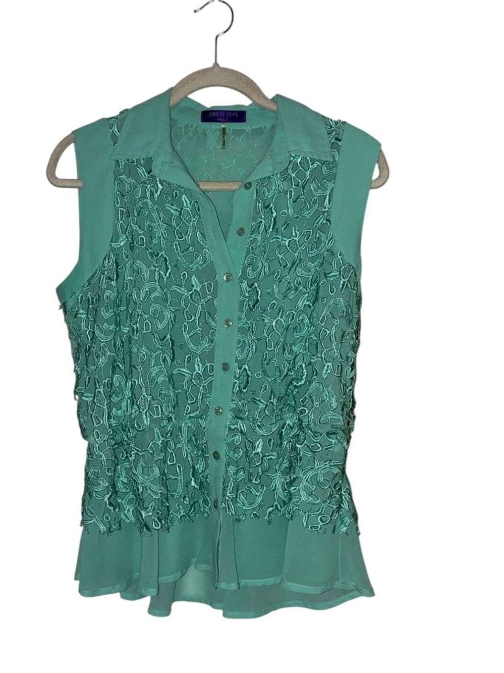 Emilio Pepe Italy Sleeveless Teal Lace Button-Front Top Sz L